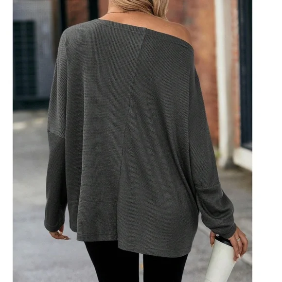 Solid Off Shoulder Loose Fit Waffle Long Sleeve Top - Picture 15 of 16